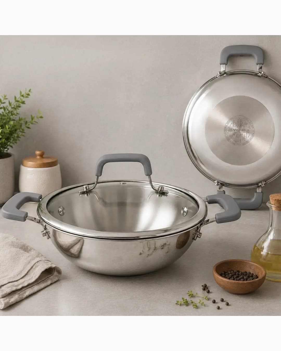 Vinod Luxe Triply (SAS Metal) Kadai with Glass Lid (Induction Friendly)