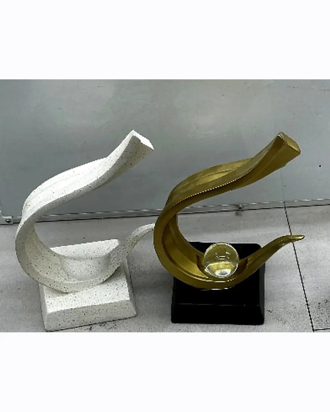Wave Sculpture with Crystal Ball - White & Gold