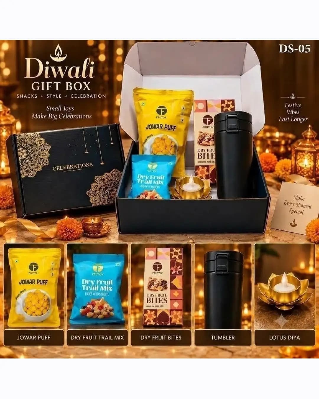 Diwali Gift Box - Snacks with Tumbler & Lotus Diya