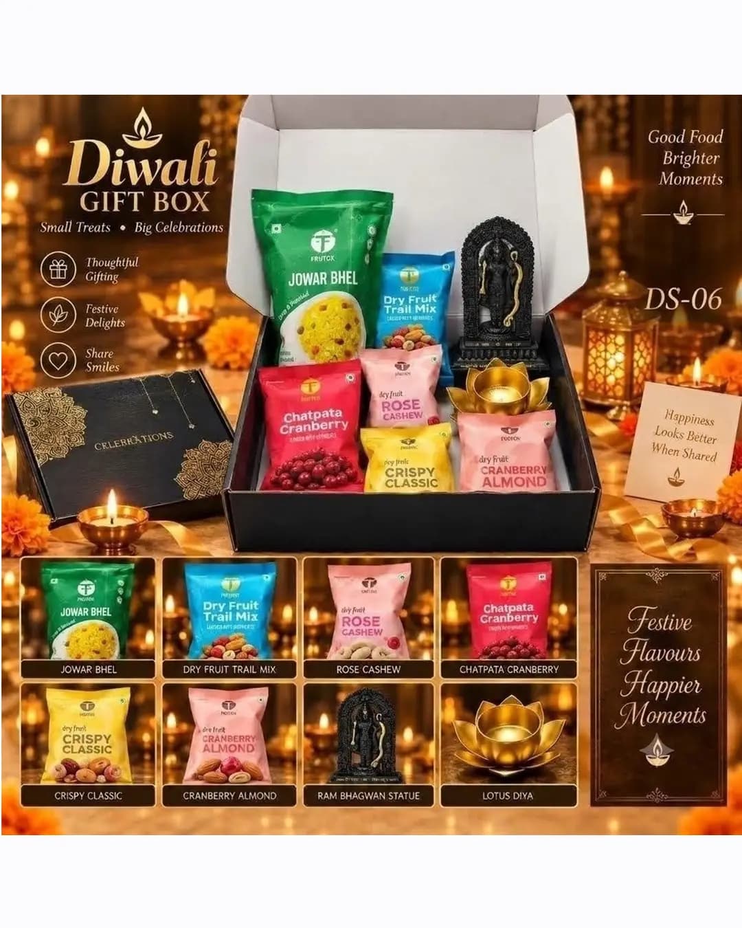 Diwali Gift Box - Festive Snacks with Ram Statue & Lotus Diya