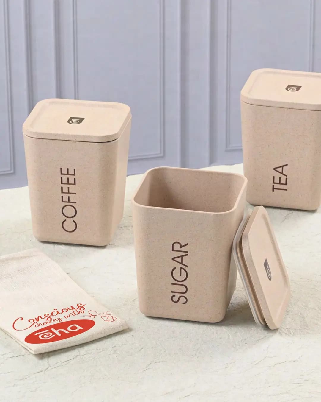 EHA Mindful Picks BX0005 – 3 Tea, Coffee & Sugar Canisters 800 ml with Multi-purpose Bag