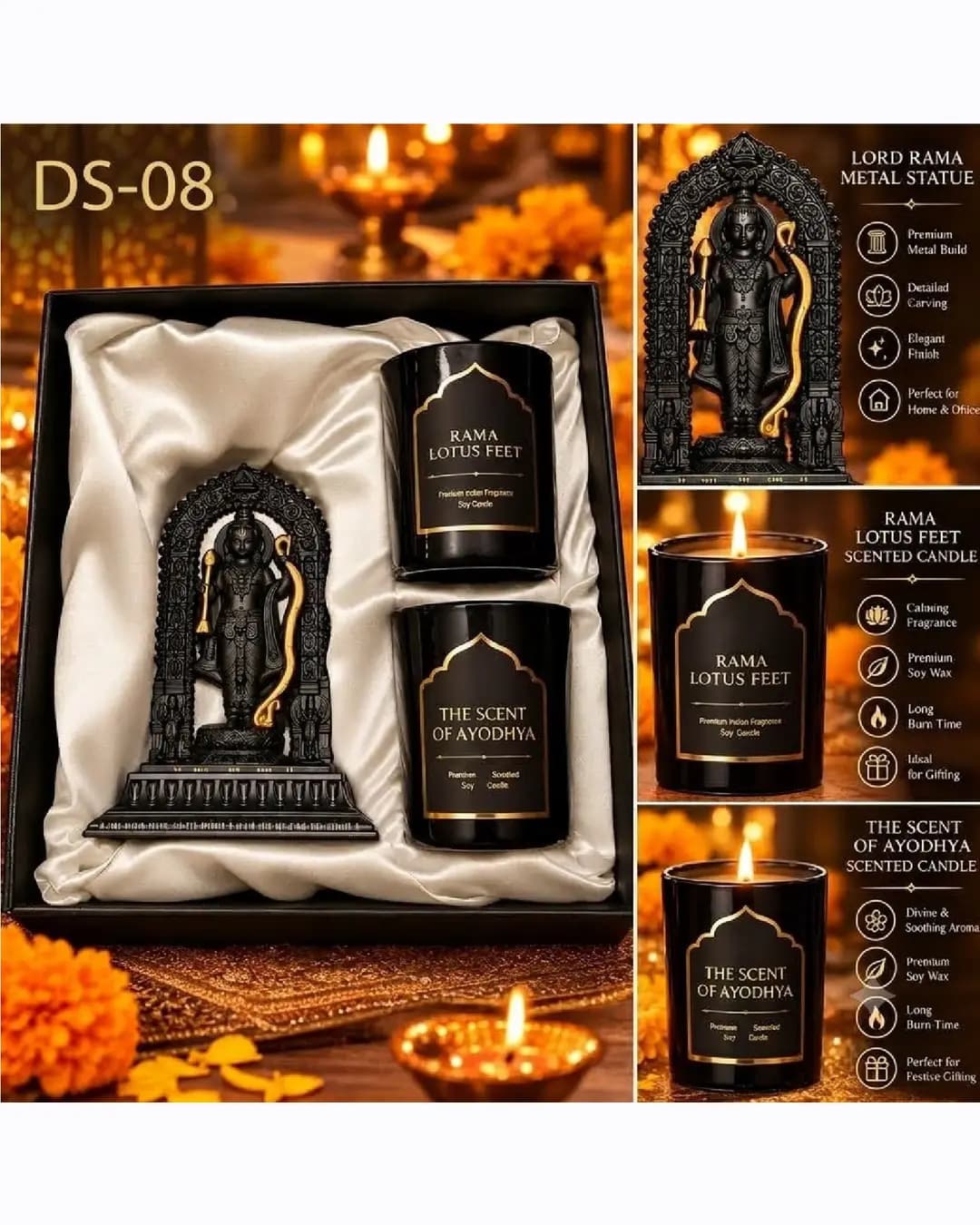 Lord Rama Metal Statue & Scented Candles Gift Box