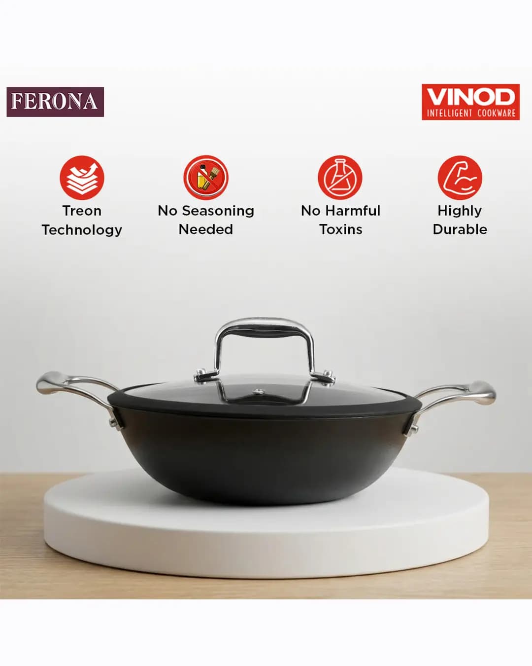 Vinod Ferona Cast Iron Kadai with Lid